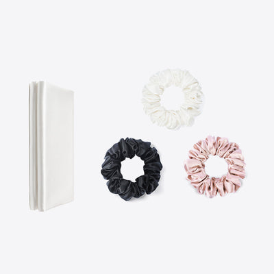 Gift Set - Silk Pillowcase - White + Hair Scrunchie (Value $130)